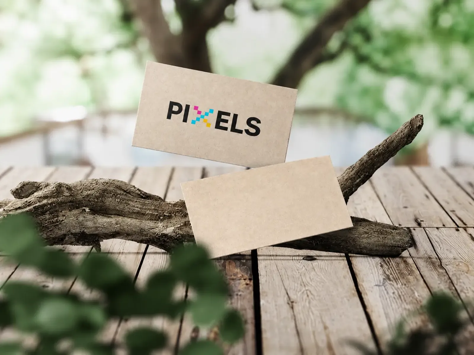 Cartões de visita PIXELS® em papel reciclado apoiados em madeira, com vegetação ao fundo