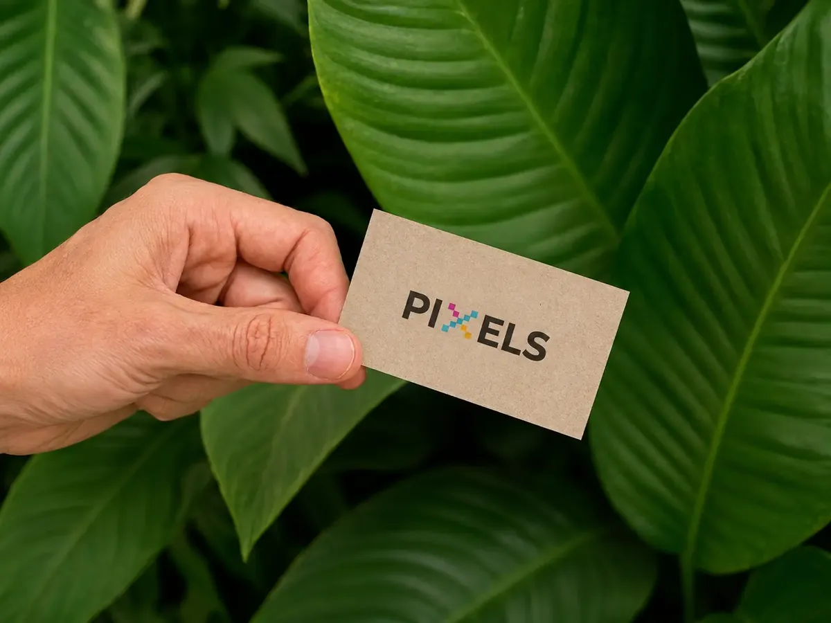 Mão segurando um cartão de visita ecológico PIXELS® em papel Reciclato diante de folhas verdes