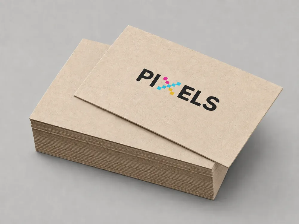 Pilha de cartões de visita PIXELS® em papel reciclado sobre fundo cinza